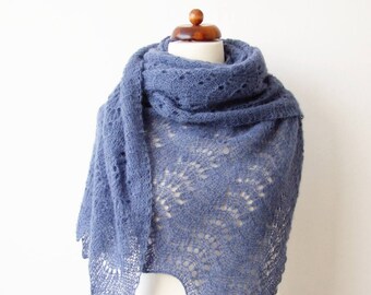 large blue scarf, alpaca silk lace shawl, hand knitted wrap, bridal cover up