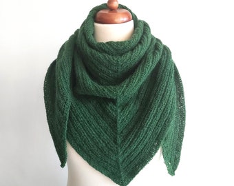 green scarf, winter shawl handknit from reclaimed yarn with wool