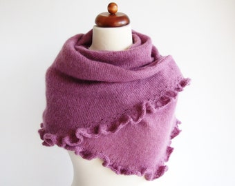 purple shawl with ruffle and beads, handknit wrap