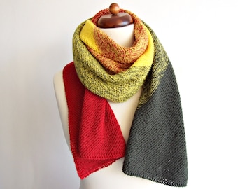 red green yellow scarf, handknit, vegan