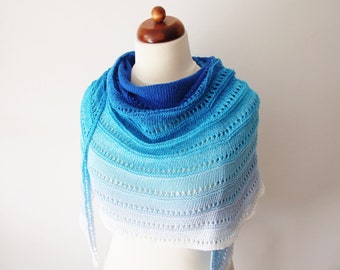 blue white shawl, handknit cotton wrap