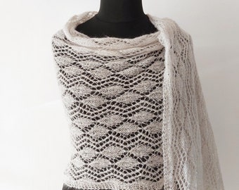 bridal shawl with shimmering thread, handknit pale beige lace wrap with mohair