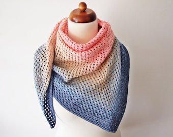 colorful crochet granny square shawl, cotton acrylic pink blue triangle scarf