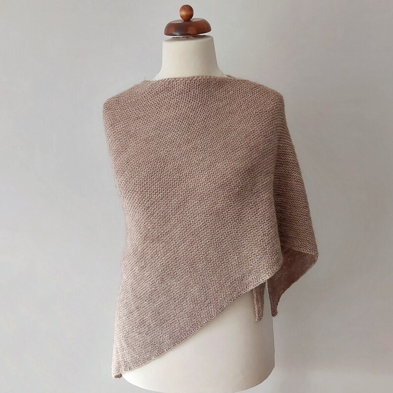 beige shawl handknit in wool and acrylic blend, light and warm unisex winter triangle scarf image 9