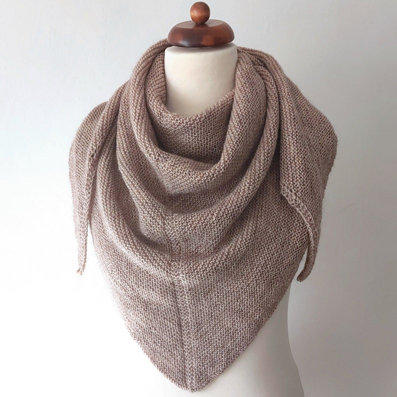 beige shawl handknit in wool and acrylic blend, light and warm unisex winter triangle scarf image 3