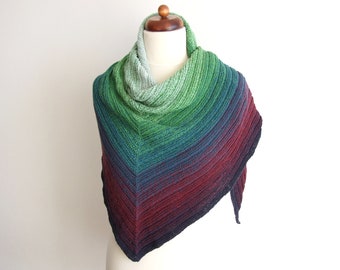 ombre blue red green shawl handknit from cotton acrylic blend, knitted triangle wrap, vegan friendly