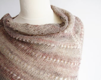 knit wool triangle scarf, rustic beige shawl with pinkish brown stripes