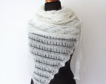 ecru lace shawl with mohair, handknit wedding wrap