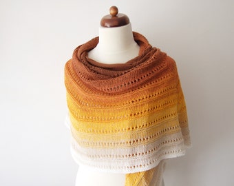 handknit cotton shawl in brown yellow ecru with ombre effect