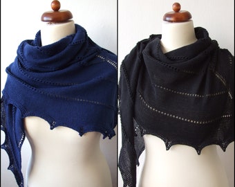 light cotton acrylic shawl, navy blue or black, handknit vegan triangle scarf