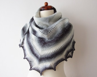 black white gray shawl with metallic thread, oversize hanknit triangle scarf