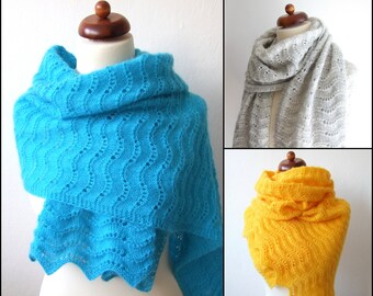 oversize scarf handknit in lace pattern, yellow, turquoise or gray melange shawl for her