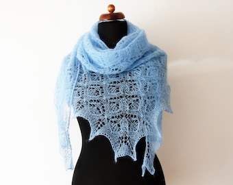 blue lace shawl, bridal coverup, handknit wrap with mohair