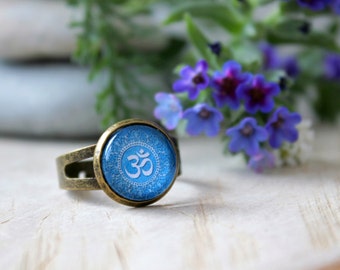 Blue Om Ring in Antique Bronze | Hinduism Ring | Spiritual Jewelry | Adjustable Ring | Customized Jewelry