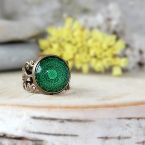 Green Kaleidoscope Ring | Adjustable Ring | Antique Bronze Ring | Mandala Ring | Glass Dome Ring