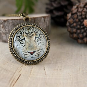 Leopard Medallion, Antique Bronze Pendant, Glass Cabochon Pendant With Chain