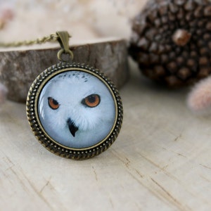 Snowy Owl Necklace, Bronze Plated Cabochon Setting on a Chain