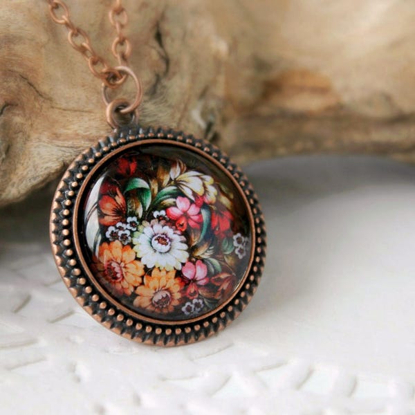 Vintage Floral Pendant in Antique Copper | Russian Folk Art Necklace | Zhostovo Jewelry | Antique Copper Pendant | Floral Jewelry | Handmade