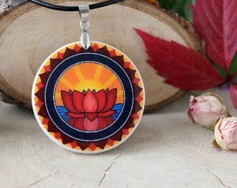 Red Lotus Buddhism Symbol Necklace | Polymer Clay Pendant | Personalized Jewelry | Pattern Jewelry