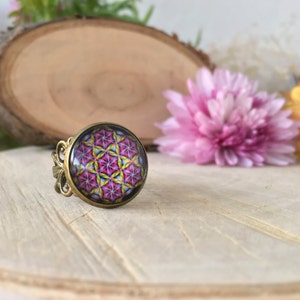 Pink Flower Of Life Ring | Sacred Geometry Symbol Ring | Antique Bronze Ring | Personalized Jewelry | Pattern Jewelry