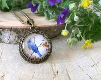 Blue Bird On A Branch Vintage Print Necklace, Antique Bronze Pendant, Glass Cabochon Pendant With Chain