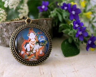 White Tara, Goddess of Peace and Protection, Buddhism Amulet, Antique Bronze Pendant, Hindu Jewelry, Glass Dome Pendant