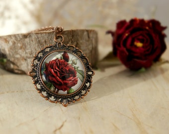 Vintage Rose Necklace, Antique Copper Pendant, Glass Cabochon Pendant With Chain, Flower Jewelry, Valentine's Day Gift