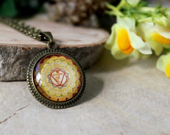 Yellow Manipura Chakra Pendant | Hindu Jewelry | Antique Bronze Pendant | Yoga Pendant | Handmade Jewelry | Spiritual | Solar Plexus Chakra