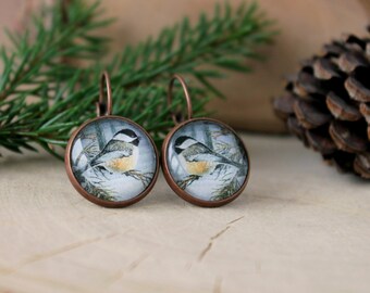 Bird Earrings | Chickadee  Earrings | Antique Copper | Glass Cabochon | Bird Jewelry