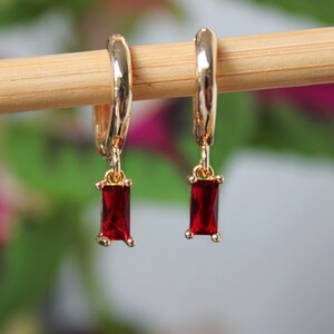 Gold Hoop Earrings with Ruby Red Cubic Zirconia | Minimalist Gold Earrings | Gift for Her