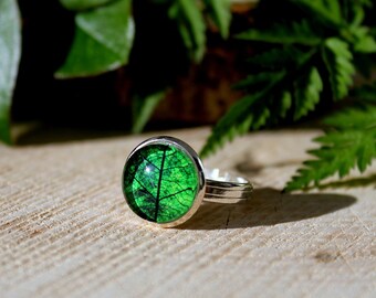 Green Leaf Ring | Silver Tone Adjustable Ring