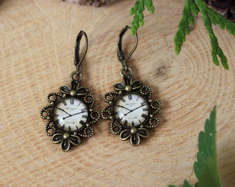Clock Earrings | Printed Clock Dial Jewelry | Vintage Clock Dangle Earrings | Antique Bronze Earrings | Not a Working Clock!