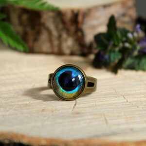 Pfau Ring | Pfau-Schmuck | Pfau Feder Ring | Verstellbarer Ring | Antike Bronze Ring | Glas-Kuppel-Ring