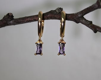 Lilac Gold Plated Earrings | Gold Plated Hoop Earrings |  Lilac Zircon Earrings | 24K Gold Plated Hoop Earrings