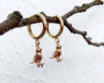 Tiny Bird Gold Earrings | Gold Hoop Earrings | Robin Bird Earrings | Elegant Earring | 24K Gold Plated Hoop Earrings