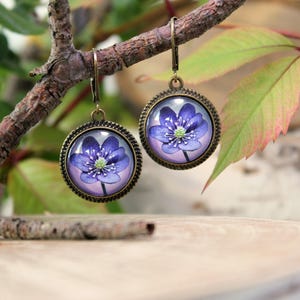 Blue Flower Earrings | Antique Bronze Earrings | Glass Dome Earrings | Dangle Earrings | Flower Jewelry