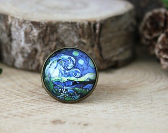 Starry Night Ring | Van Gogh Style Ring | Starry night over a European City Ring | Adjustable Ring