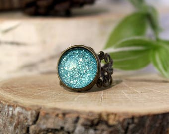 Glitter Ring | Turquoise  Sparkling Ring | Glitter Jewelry | Sparkly Glitter Ring | Sea Green Glitter Ring | Adjustable Ring