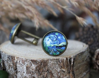 Starry Night Cufflinks | Van Gogh Style Cufflinks | Van Gogh Style Ai Art | Gift For Men | Wedding Cuff Links