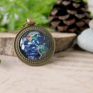 Earth Bronze Pendant Antique Bronze Pendant Glass Cabochon Space Jewelry Pendant with Chain Handmade Jewelry Custom Design image 1