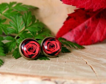 Red Rose Stud Earrings | Antique Bronze Earrings | Stud Earrings | Rose Stud Earrings | Personalized Jewelry
