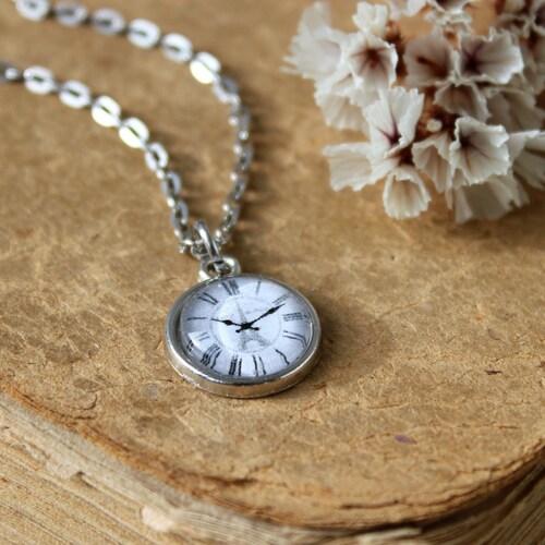 Vintage Clock Pendant Silver Tone Necklace Tiny Necklace Etsy
