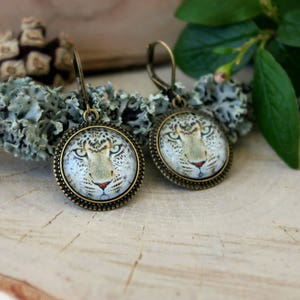 Leopard Earrings, Antique Bronze Earrings, Glass Dome Earrings, Dangle Earrings, Animal Jewelry image 1