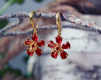 Ruby flower Gold Earrings | Gold Dangle Earrings | Red Earrings | Elegant Earrings | 24K Gold Plated Earrings | Flower Dangle Earrings
