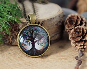 Tree Of Life Pendant | Antique Bronze Pendant | Glass Cabochon Pendant With Chain