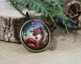 2024 Year of the Dragon Pendant with Chakras for Good Luck and Prosperity | Antique Bronze Necklace | Chinese symbolism Dragon Pendant