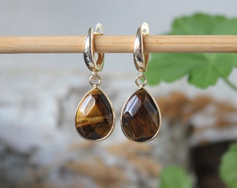 Tiger Eye Earrings | Natural Stone Earrings | Gold Drops Earrings | 24K Gold Plated Earrings | Earrings Gemstone | Gold Plated Earrings