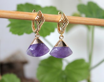 Amethyst Gold Earrings | Triangular Earrings | Natural Stone Earrings | 24K Gold Plated Earrings | Earrings Gemstone
