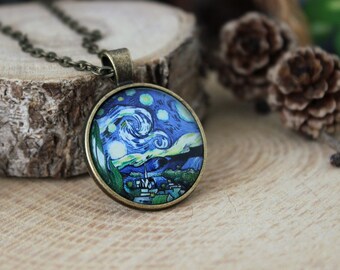 Starry night over a European City Pendant | Van Gogh Style Ai Art | Starry Night Necklace | Van Gogh Style Necklace