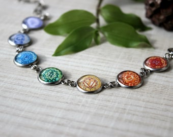 Seven Energy Levels Chakra Bracelet | Silver Tone Bracelet | Hindu Jewelry | Yoga | Spiritual Icon | Rainbow Jewelry